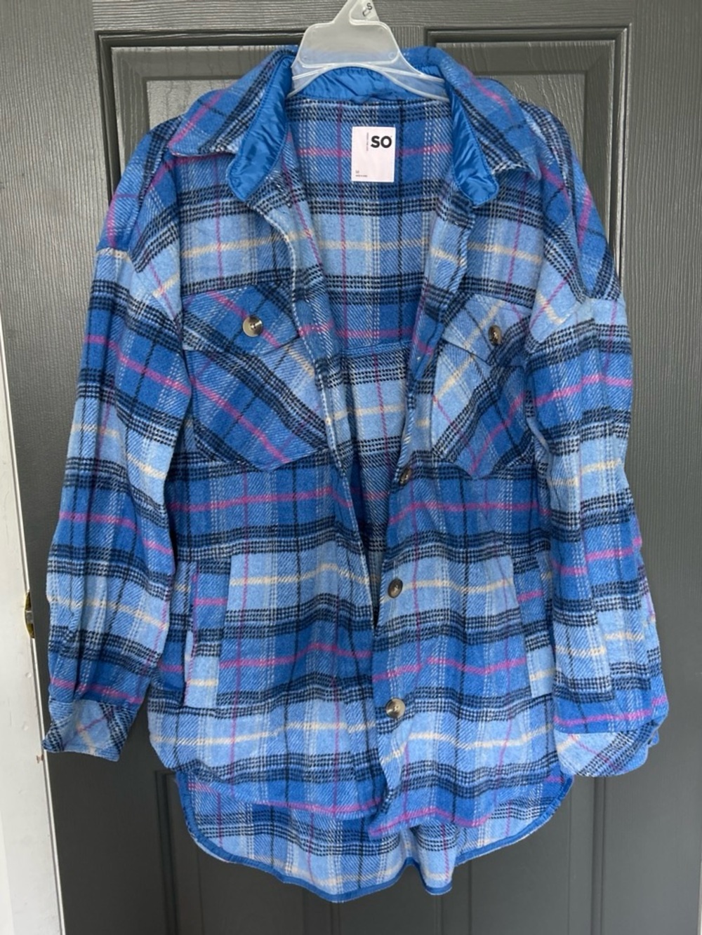 SO Blue Plaid Utility Shacket with Pink Accents